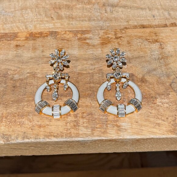 Prada Round Ivory Saffiano Leather Drop Crystal Earrings - Picture 3 of 11